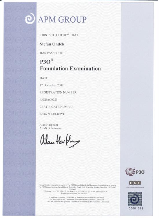 certifikát P3O - Portfolio, Programme & Project Offices - Foundation